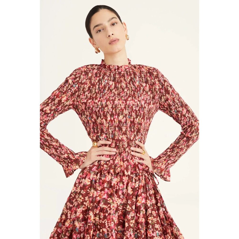 Merlette Norra Blouse Top Smocked Floral Printed Cotton Ruffle Resort S